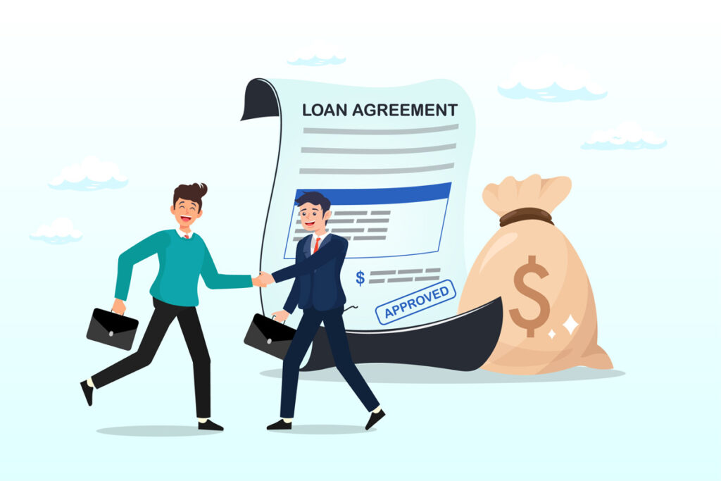 A graphic of two people shaking hands in front of a loan agreement and a bag of money in El Paso.